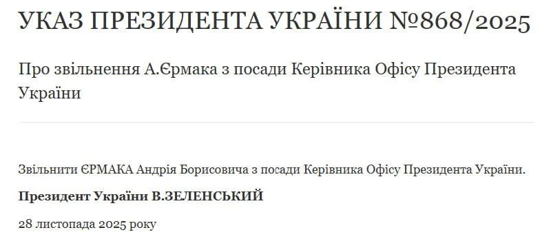 Зеленський звільнив Андрія Єрмака з посади голови Офісу президента