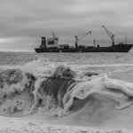 Карабель йде через штормові океанські хвилі у чорнобілому стилі.