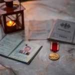 Вінтажні військові речі та ліхтар, що світиться, на кам’яному столі.